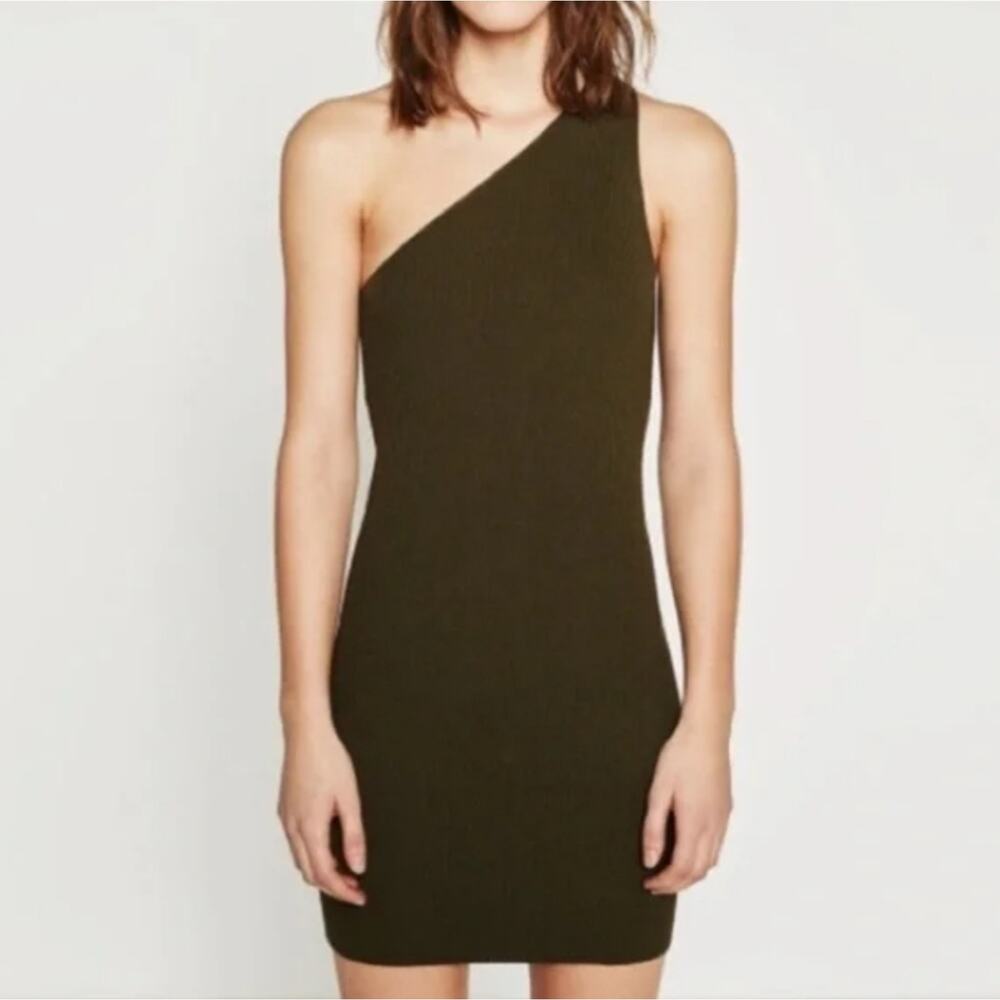 Zara Ribbed Knit One Shoulder Bodycon Mini Dress Olive Green Stretchy S - Picture 2 of 8